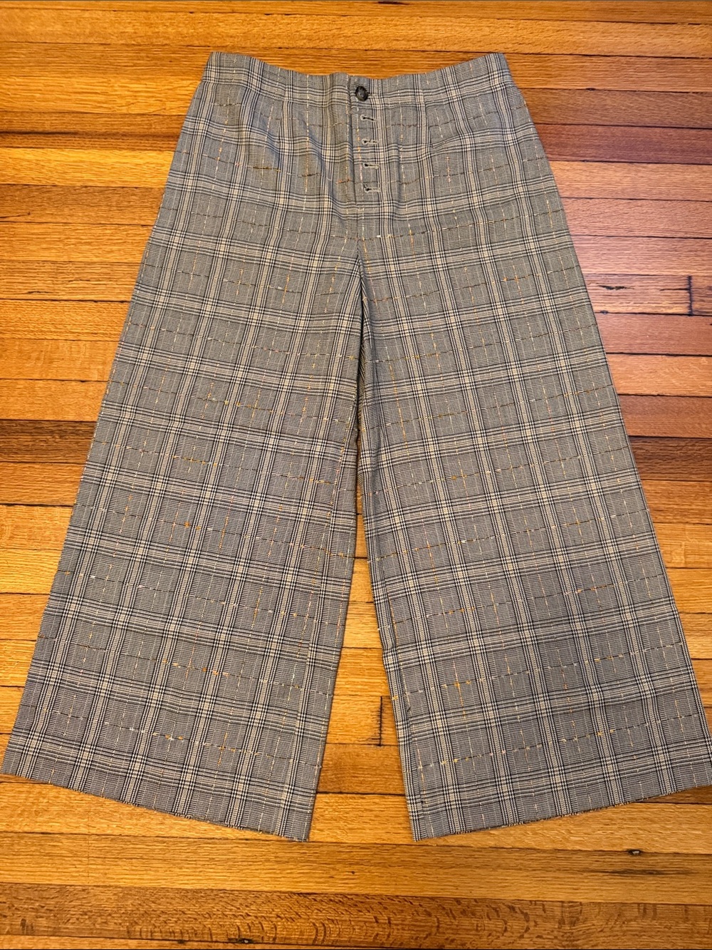 Anthropologie Gray Plaid Wide-Leg Pants with Subtle Tan Speckle